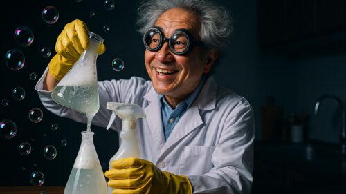 白衣＆ゴーグルの陽気な博士が、ぶくぶく泡立つ三角フラスコからスプレーボトルへ手作り洗剤を移し替え中。暗めのキッチンにスポット気味の光、虹色の泡がふわり
