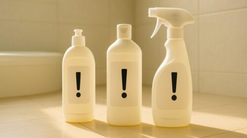 ベージュ系の浴室床に、形の異なる洗剤ボトルが3本並び、各ラベルには「!」のみが印字。左からポンプ、中央はスクリューキャップ、右はトリガースプレー。窓の自然光が差し込み、柔らかな神々しさを感じる情景