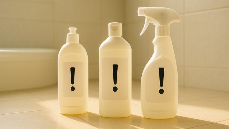 ベージュ系の浴室床に、形の異なる洗剤ボトルが3本並び、各ラベルには「！」のみが印字。左からポンプ、中央はスクリューキャップ、右はトリガースプレー。窓の自然光が差し込み、柔らかな神々しさを感じる情景