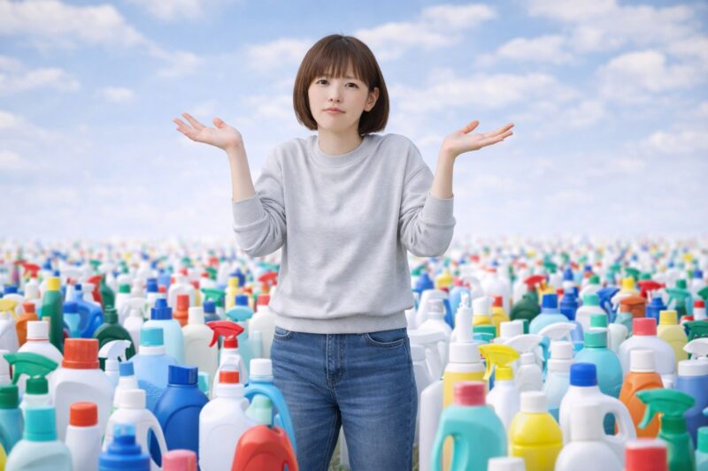 洗剤ボトルに囲まれた中で、腕を広げて「なぜ？」と考える女性のアイキャッチ画像